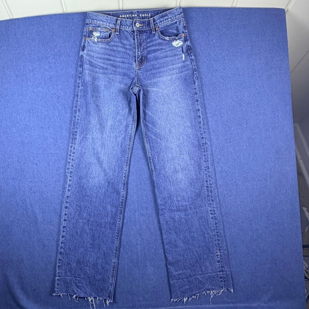 American Eagle Women 4 Regular Straight Leg Jeans Blue Distressed Raw Hem